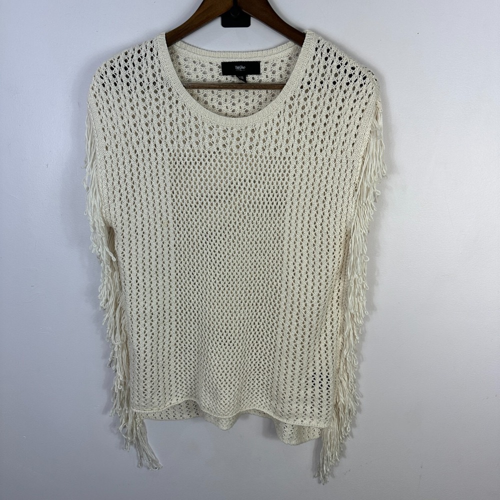Mossimo Fringe Crochet Knit Sweater XS Cream Boho Festival Western Indie Layer